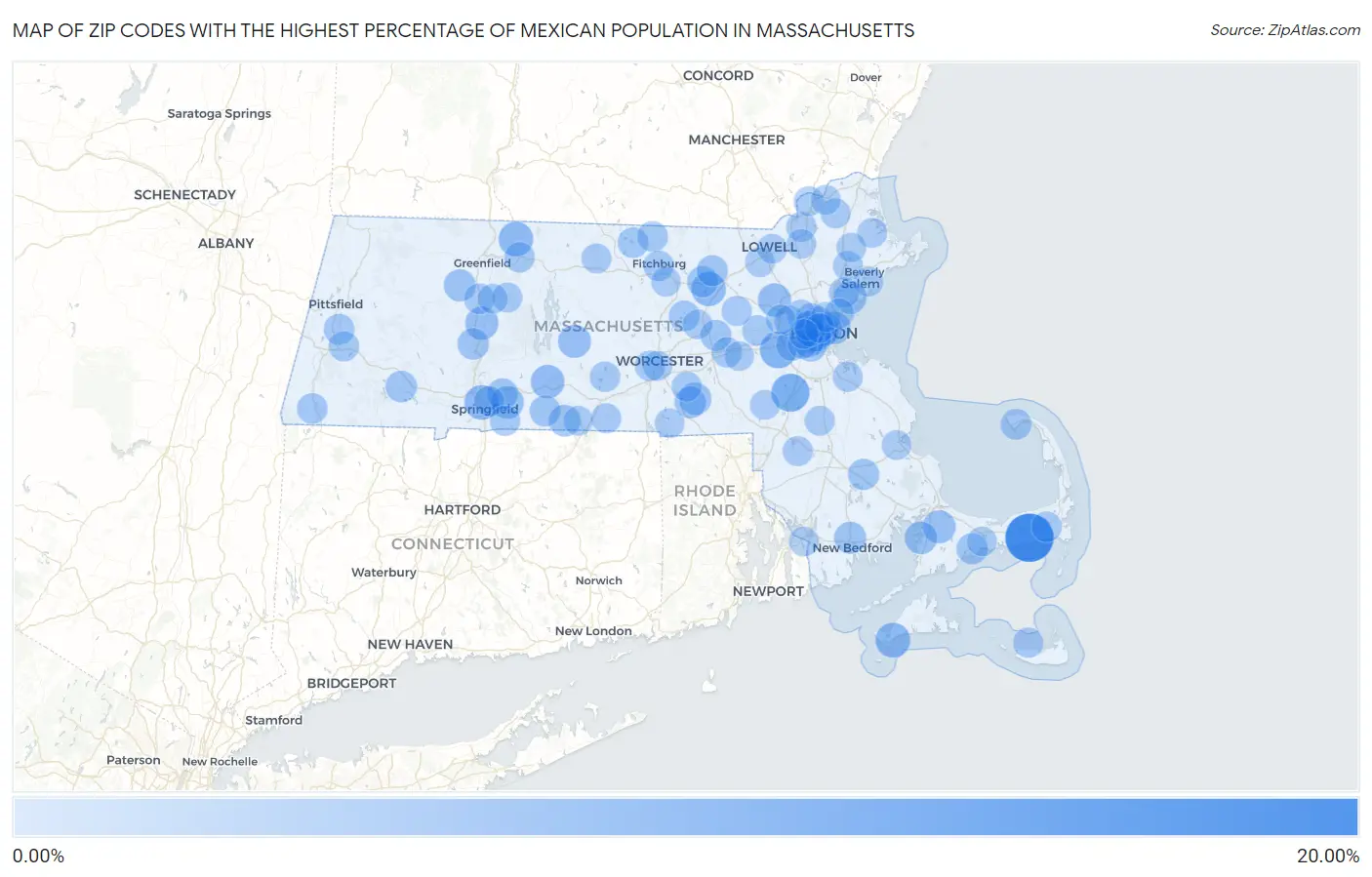 Zip Codes with the Highest Percentage of Mexican Population in Massachusetts Map