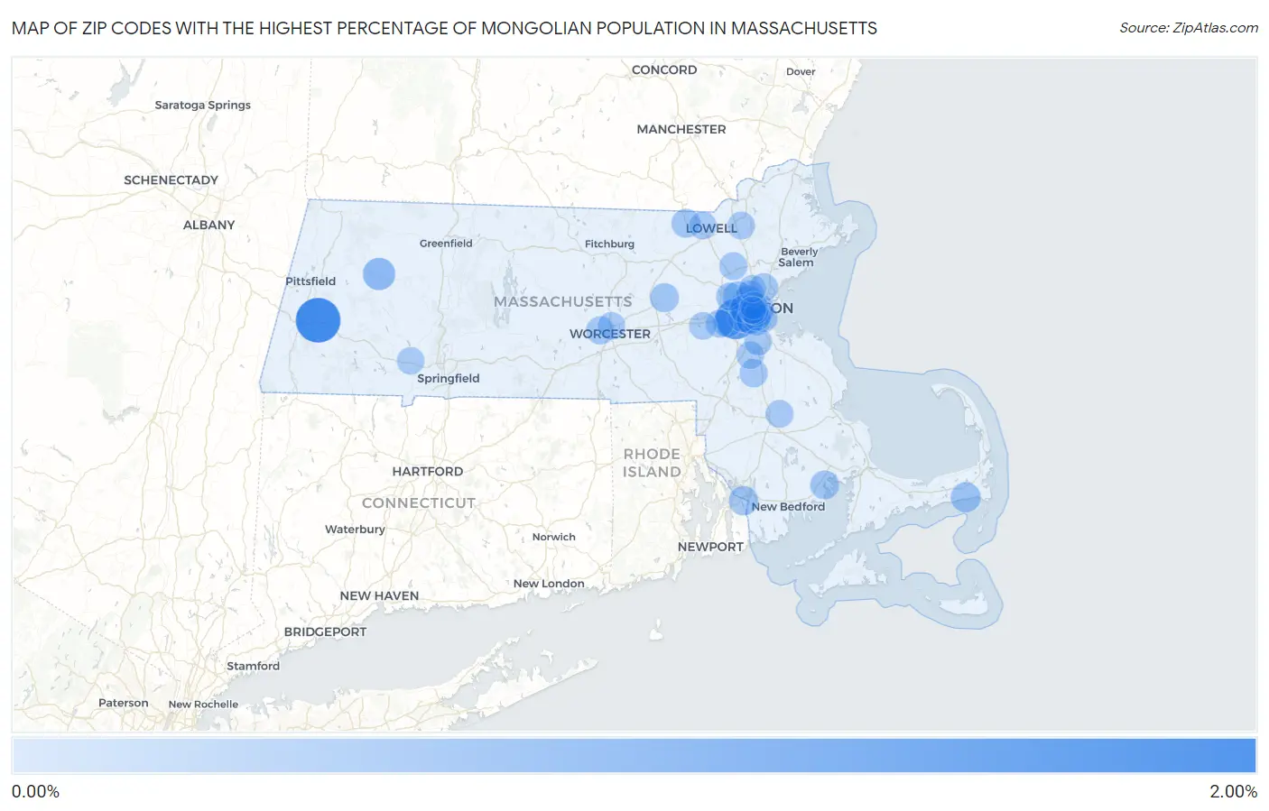 Zip Codes with the Highest Percentage of Mongolian Population in Massachusetts Map