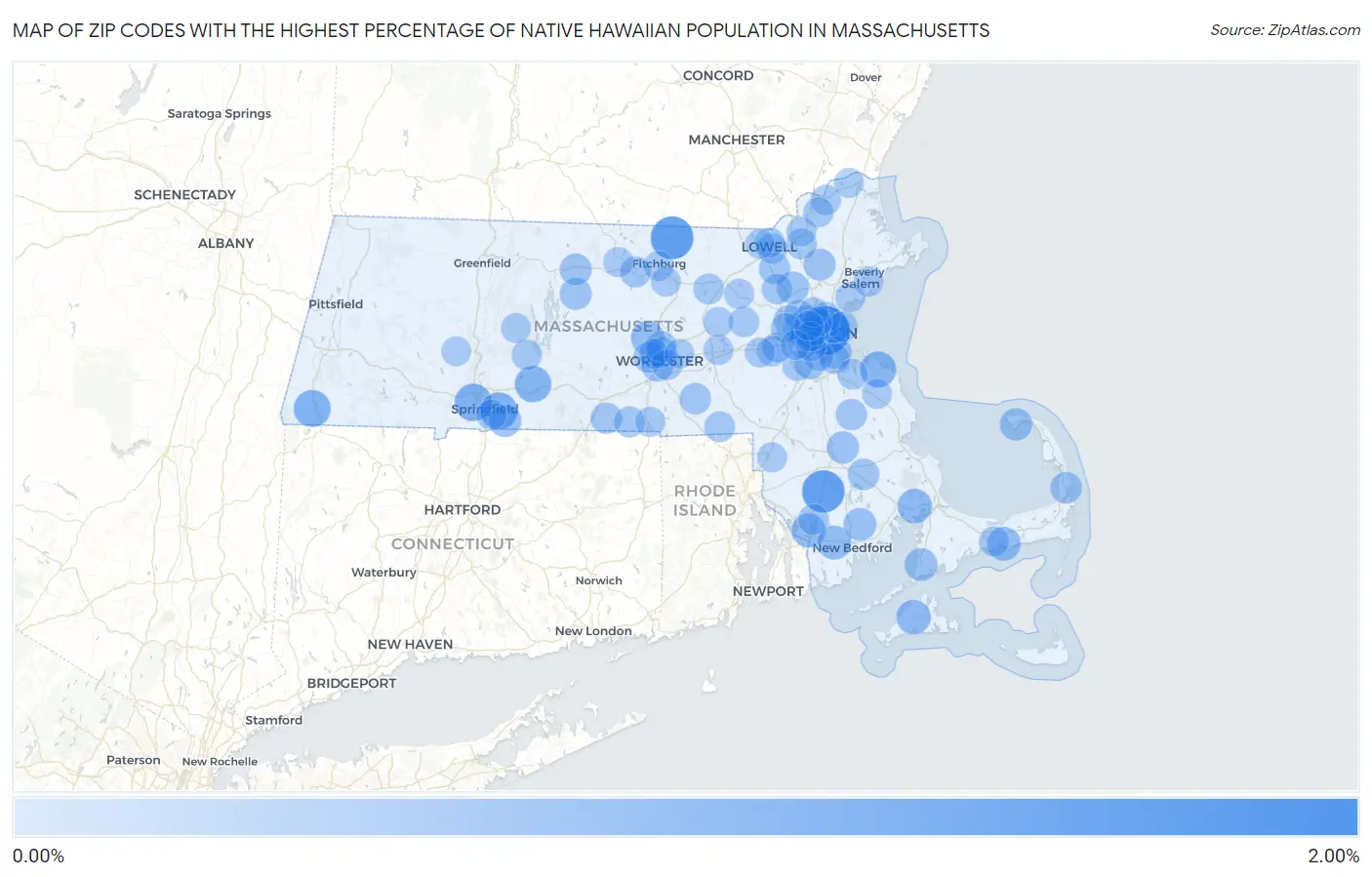Zip Codes with the Highest Percentage of Native Hawaiian Population in Massachusetts Map
