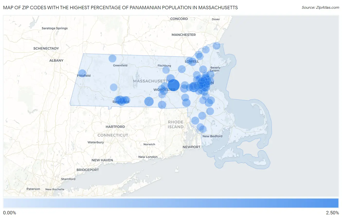 Zip Codes with the Highest Percentage of Panamanian Population in Massachusetts Map