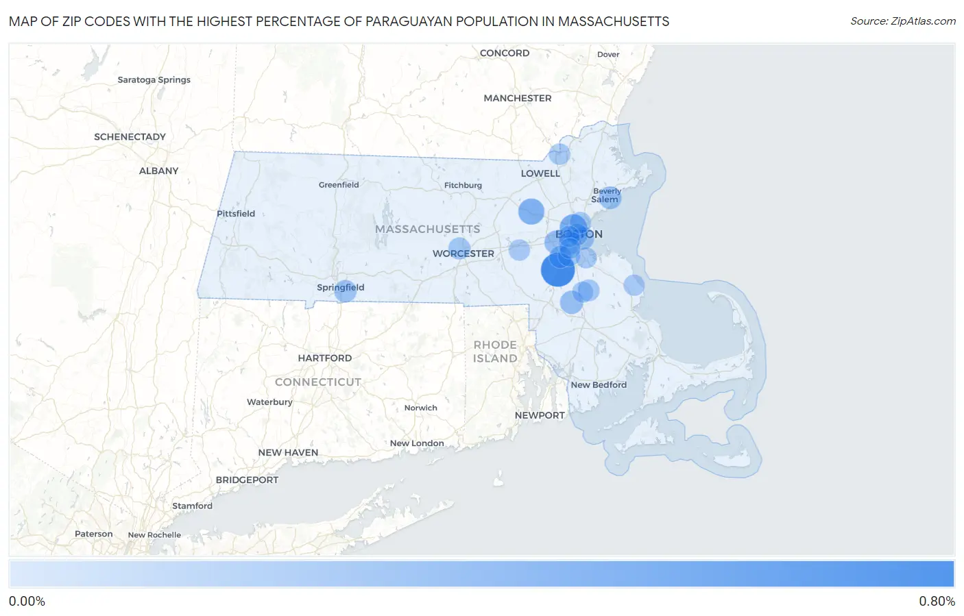 Zip Codes with the Highest Percentage of Paraguayan Population in Massachusetts Map