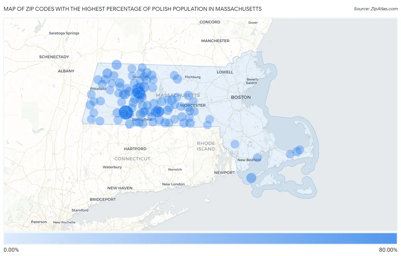 Zip Codes with the Highest Percentage of Polish Population in Massachusetts Map