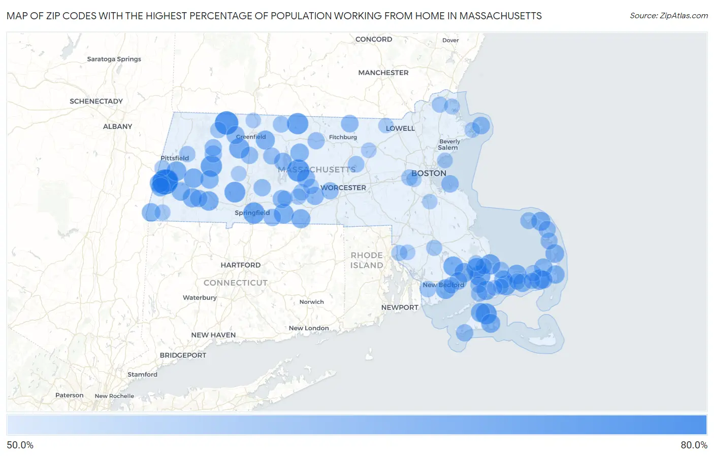 Zip Codes with the Highest Percentage of Population Working from Home in Massachusetts Map