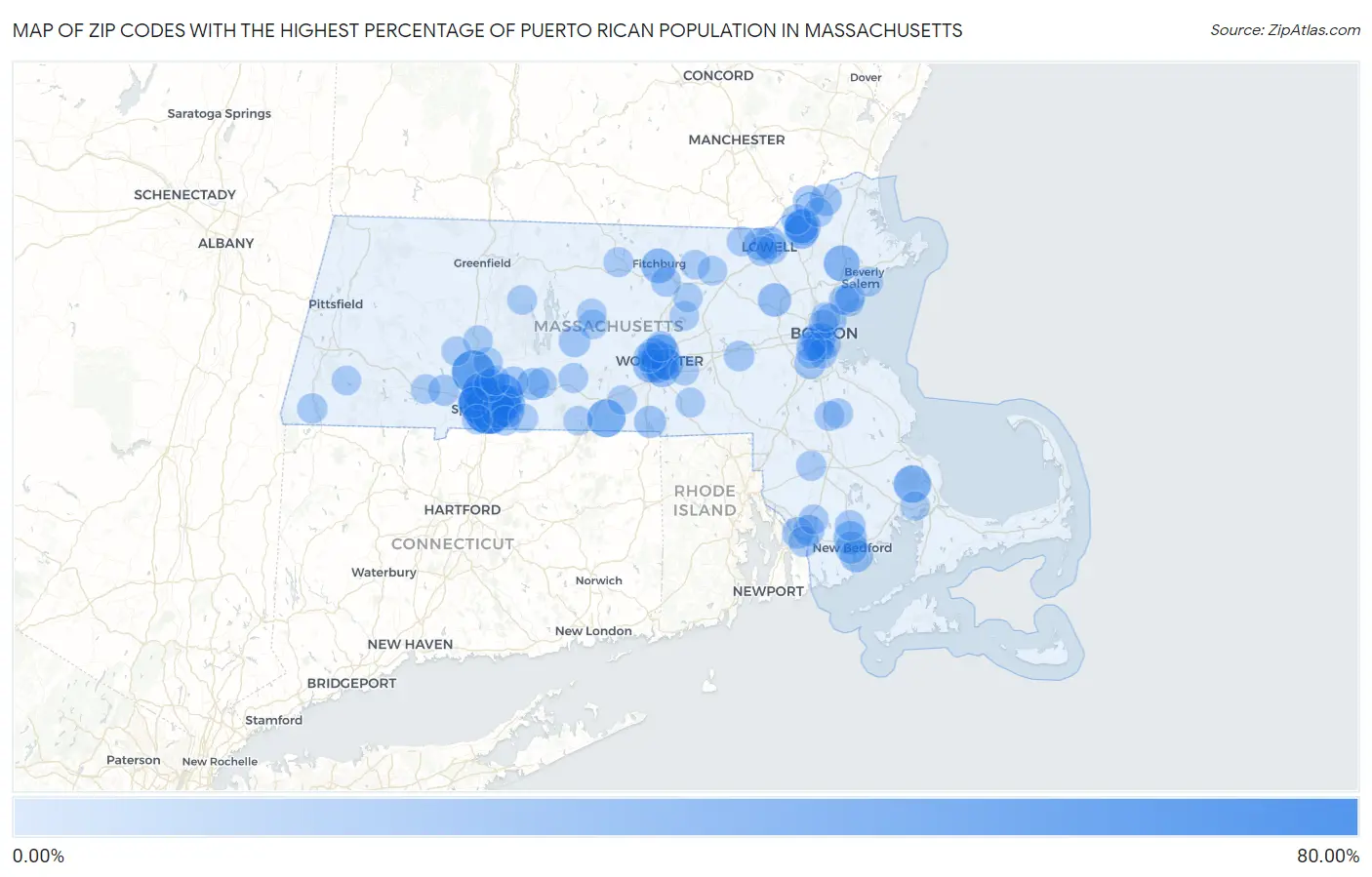 Zip Codes with the Highest Percentage of Puerto Rican Population in Massachusetts Map