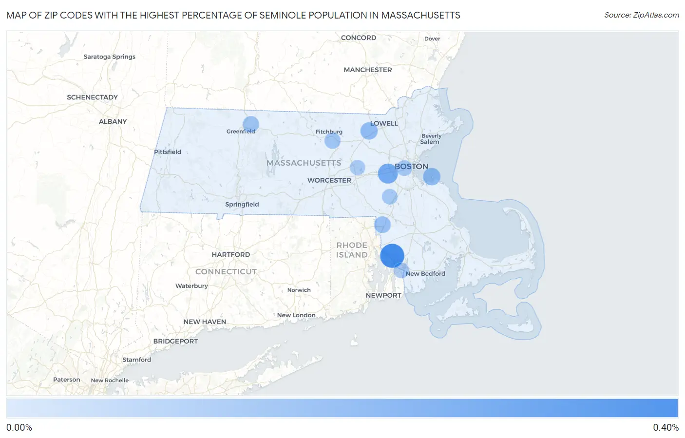 Zip Codes with the Highest Percentage of Seminole Population in Massachusetts Map