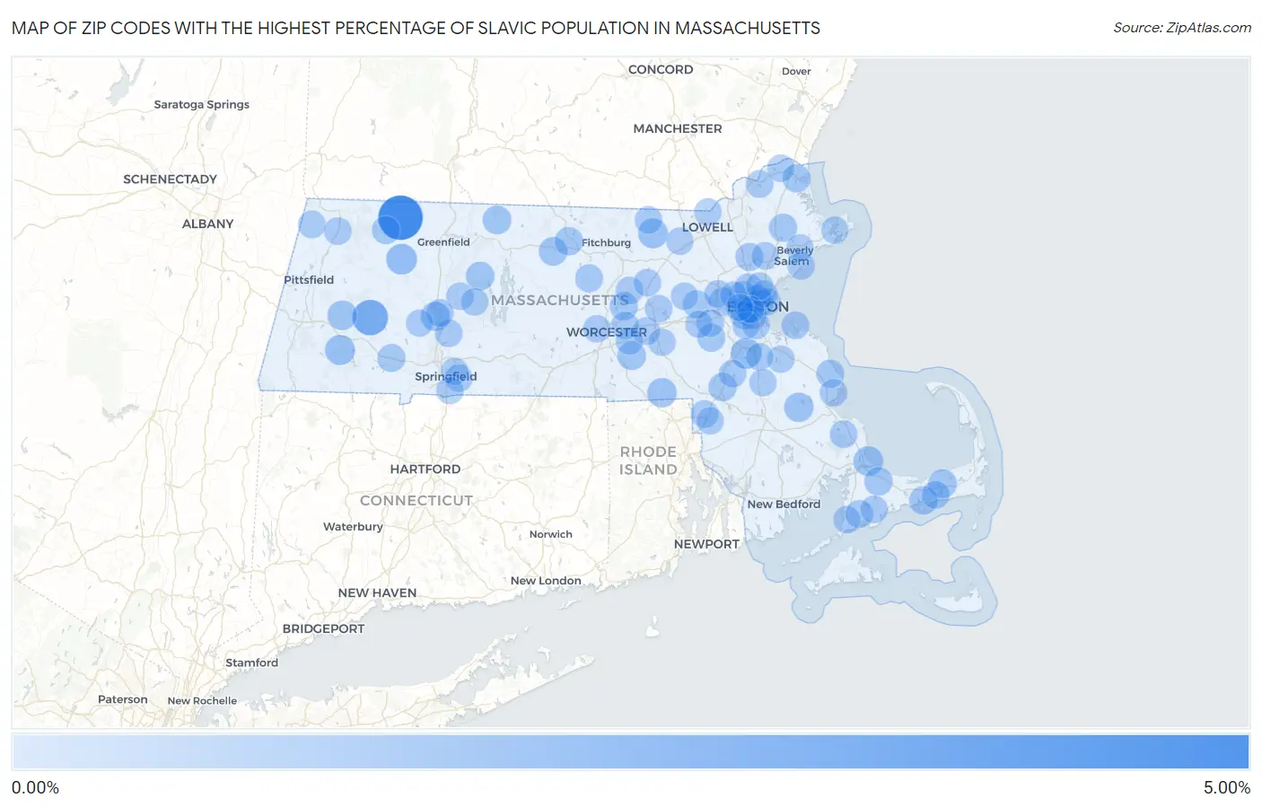 Zip Codes with the Highest Percentage of Slavic Population in Massachusetts Map
