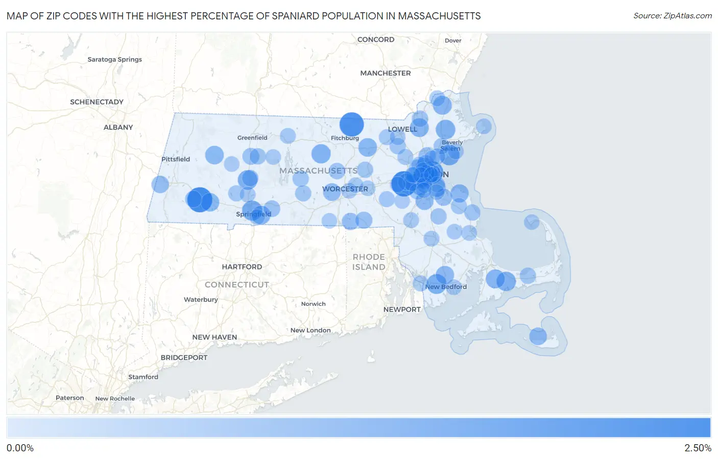 Zip Codes with the Highest Percentage of Spaniard Population in Massachusetts Map