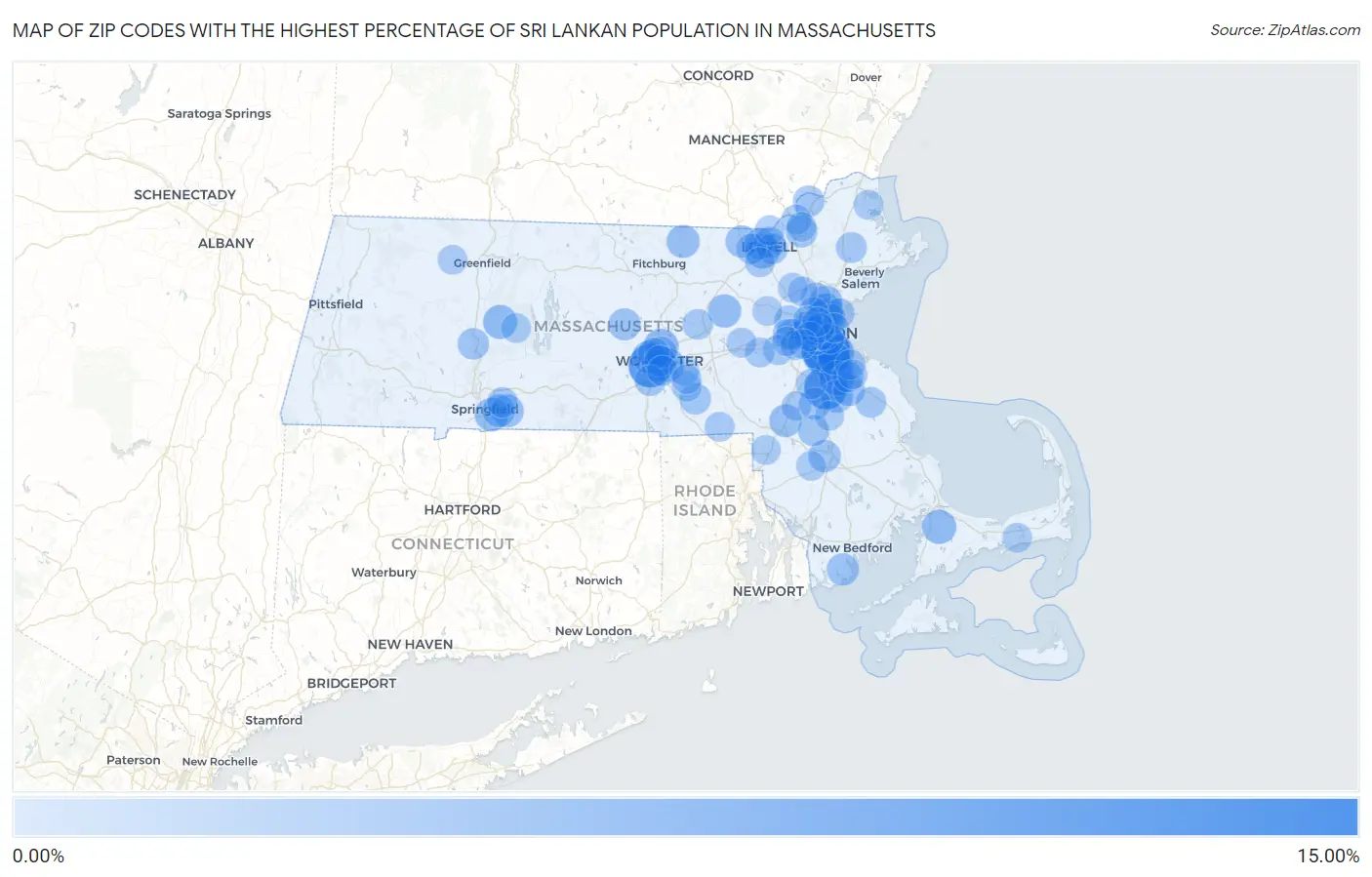 Zip Codes with the Highest Percentage of Sri Lankan Population in Massachusetts Map