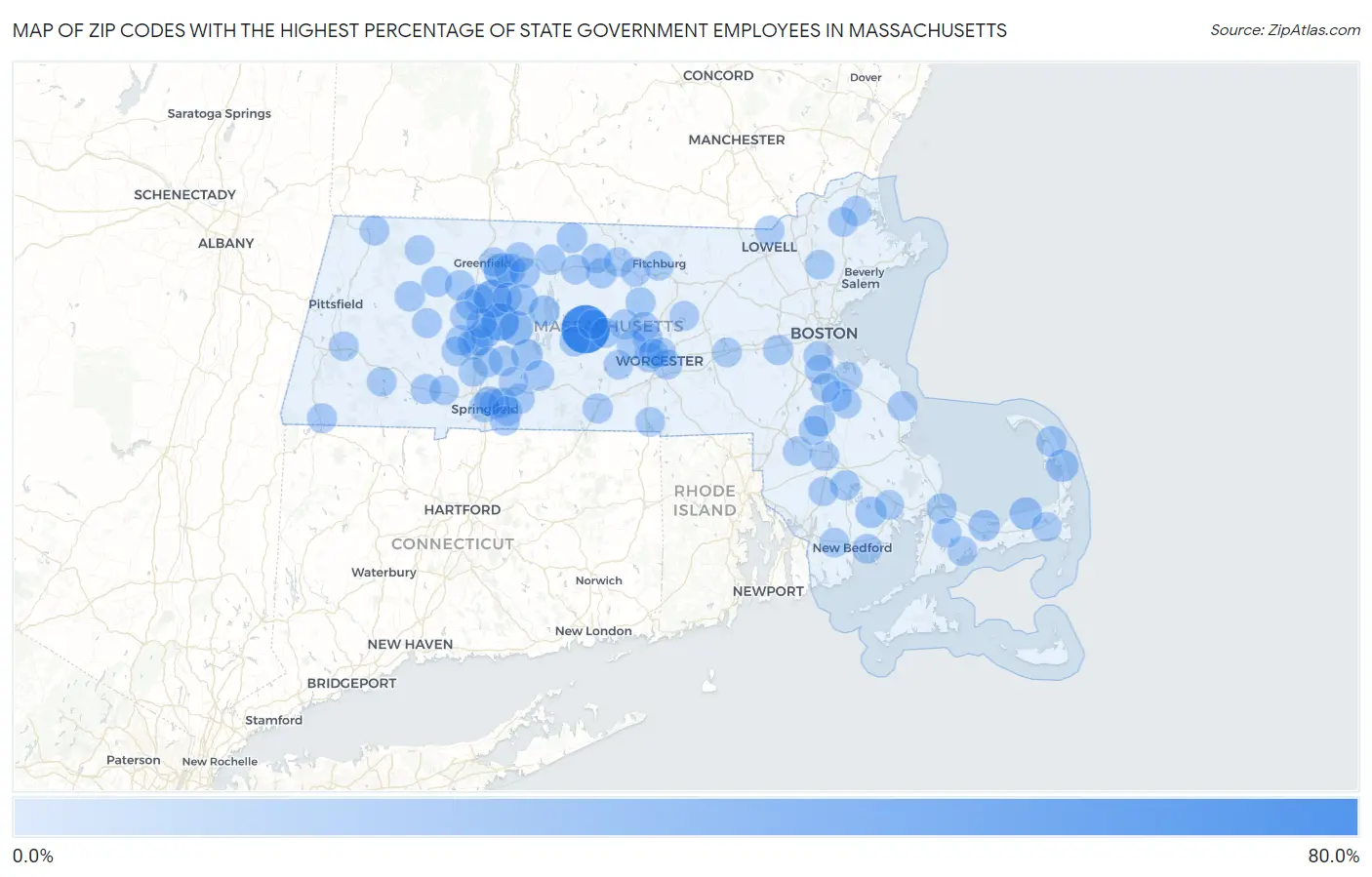 Zip Codes with the Highest Percentage of State Government Employees in Massachusetts Map