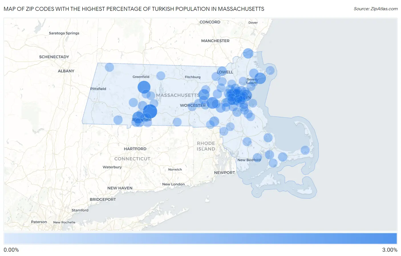 Zip Codes with the Highest Percentage of Turkish Population in Massachusetts Map