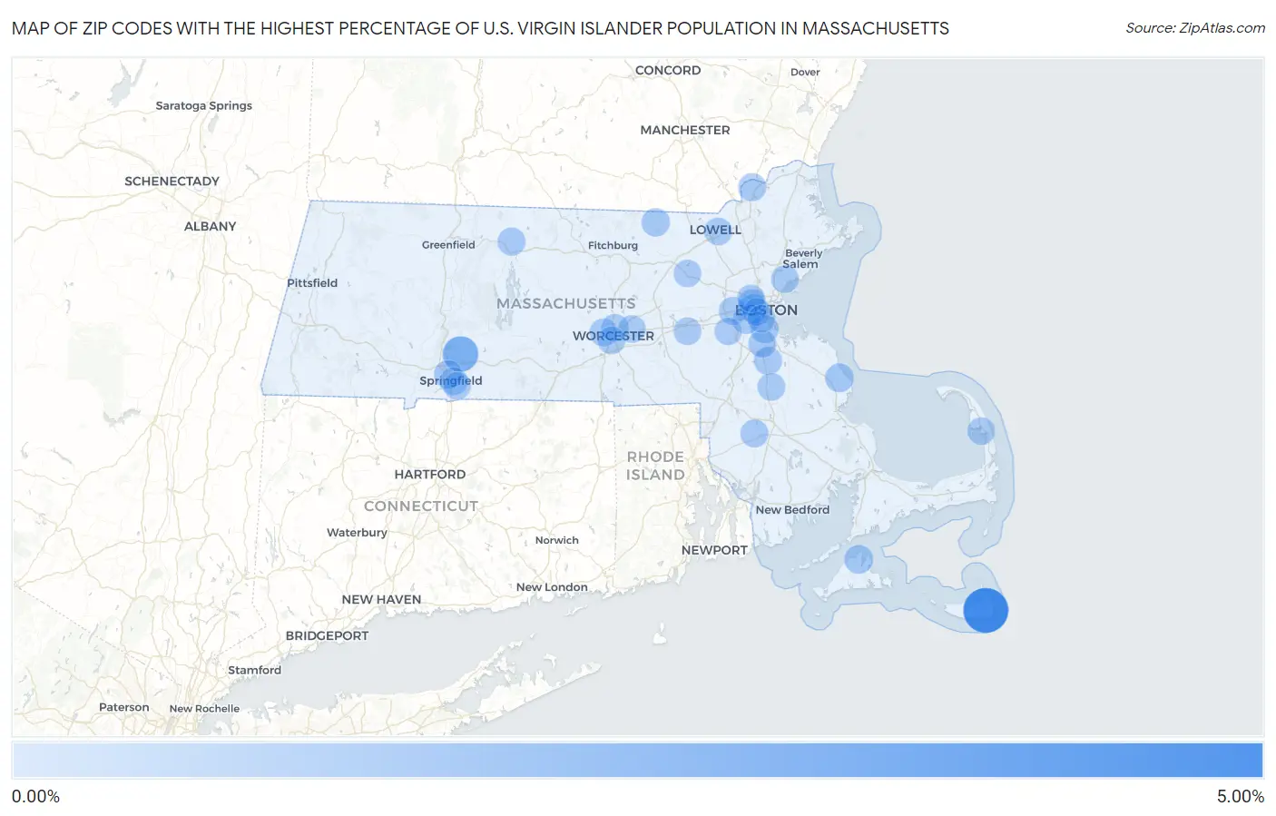 Zip Codes with the Highest Percentage of U.S. Virgin Islander Population in Massachusetts Map