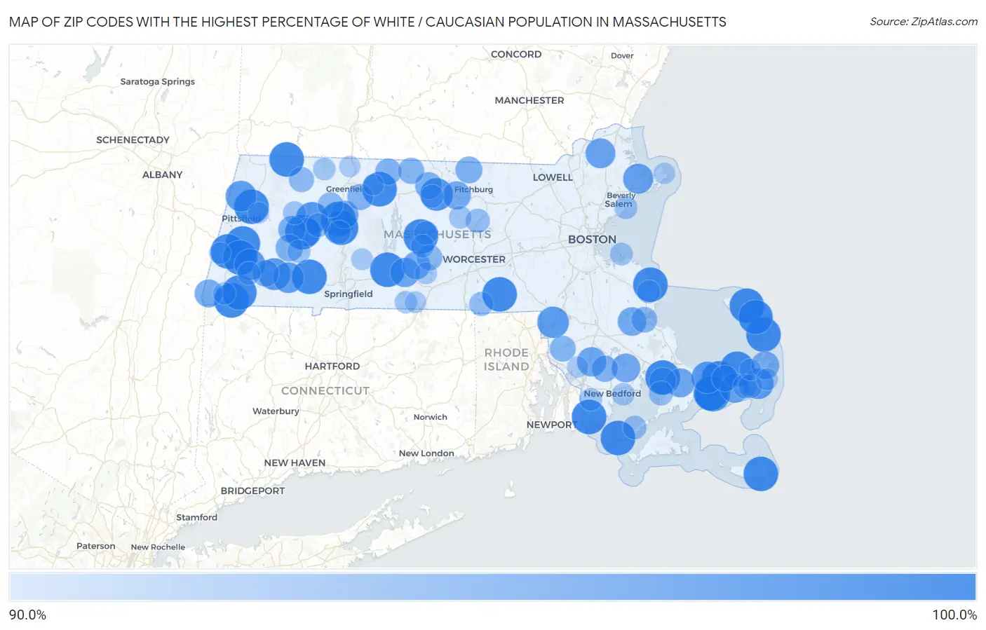 Zip Codes with the Highest Percentage of White / Caucasian Population in Massachusetts Map