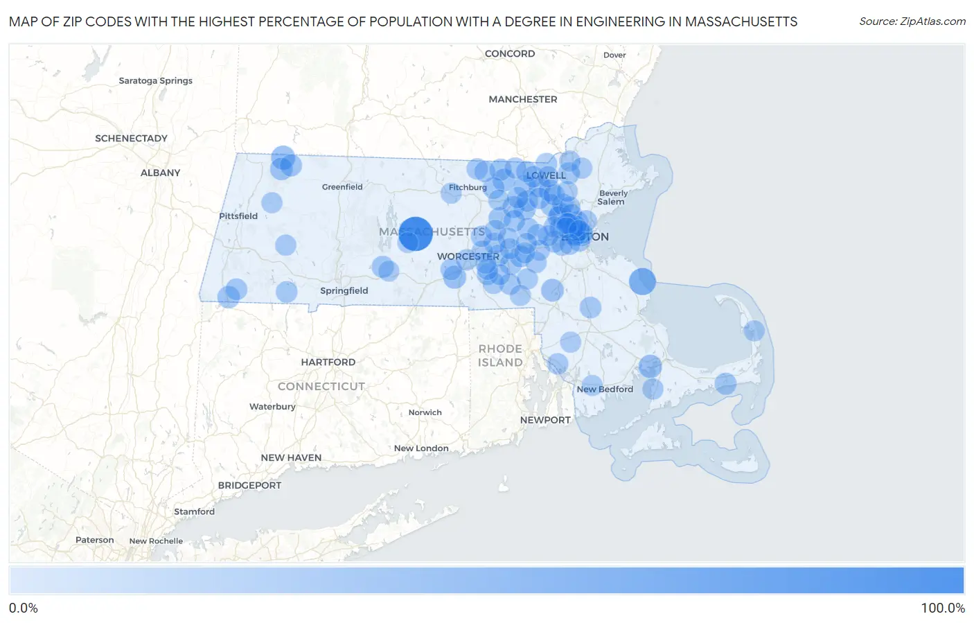 Zip Codes with the Highest Percentage of Population with a Degree in Engineering in Massachusetts Map
