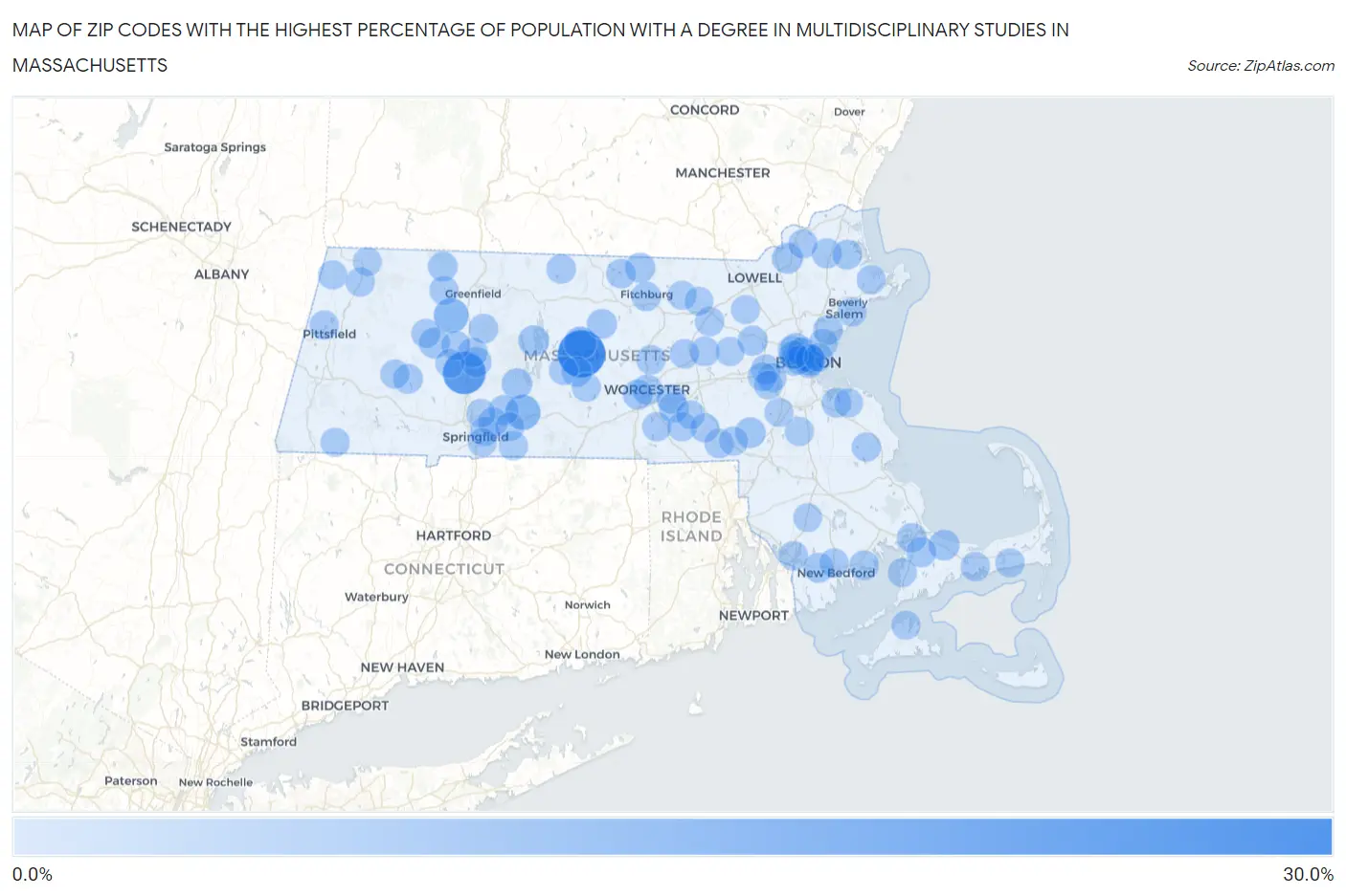 Zip Codes with the Highest Percentage of Population with a Degree in Multidisciplinary Studies in Massachusetts Map