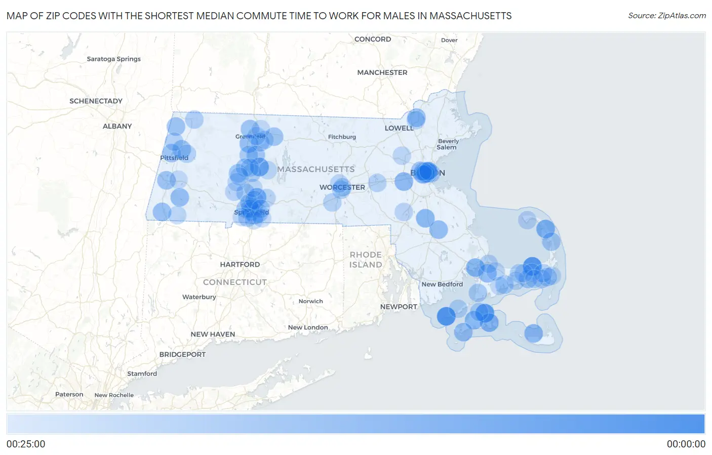 Zip Codes with the Shortest Median Commute Time to Work for Males in Massachusetts Map