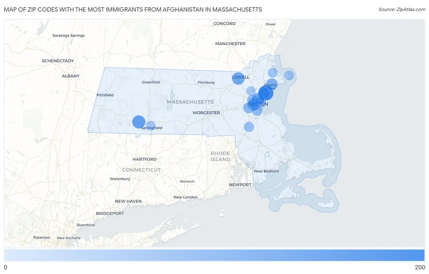Zip Codes with the Most Immigrants from Afghanistan in Massachusetts Map