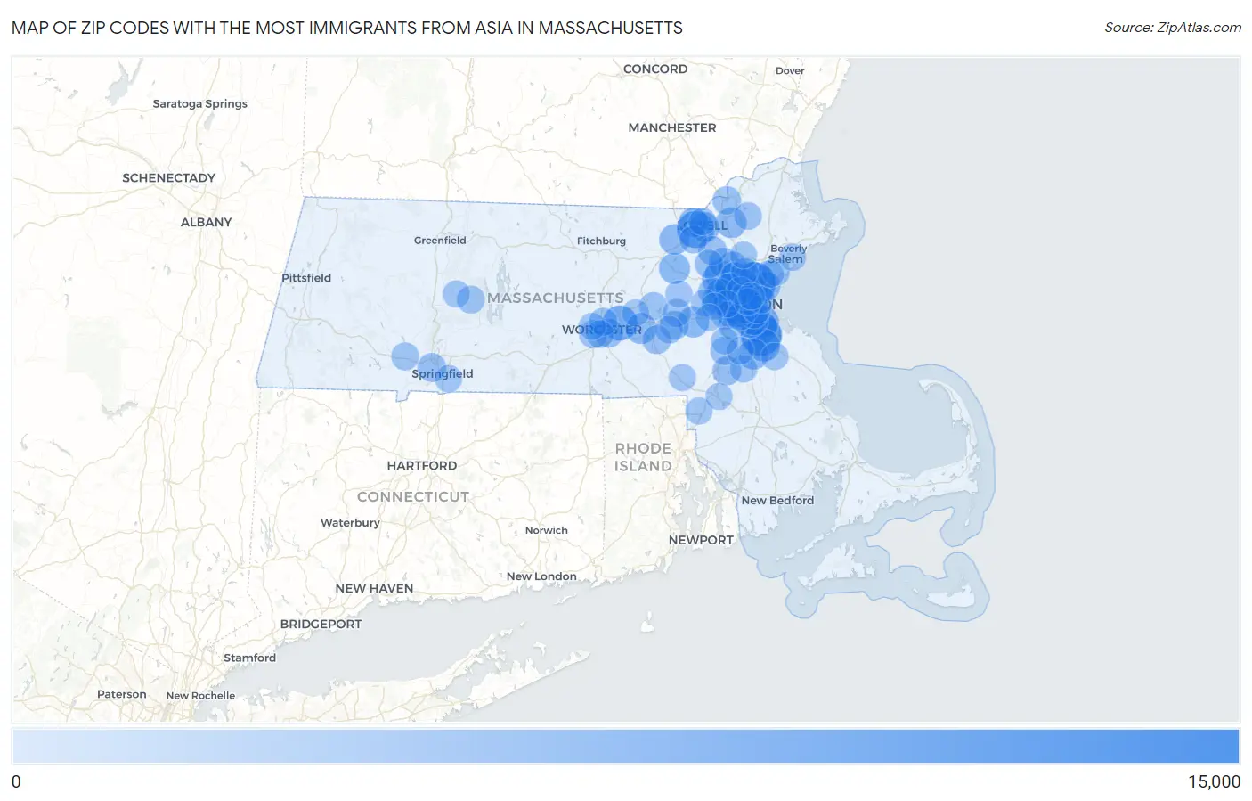Zip Codes with the Most Immigrants from Asia in Massachusetts Map