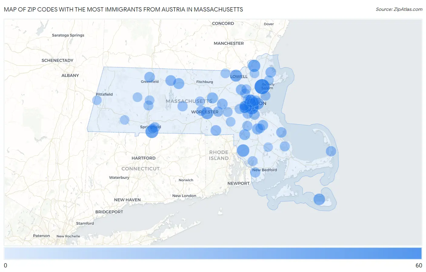 Zip Codes with the Most Immigrants from Austria in Massachusetts Map