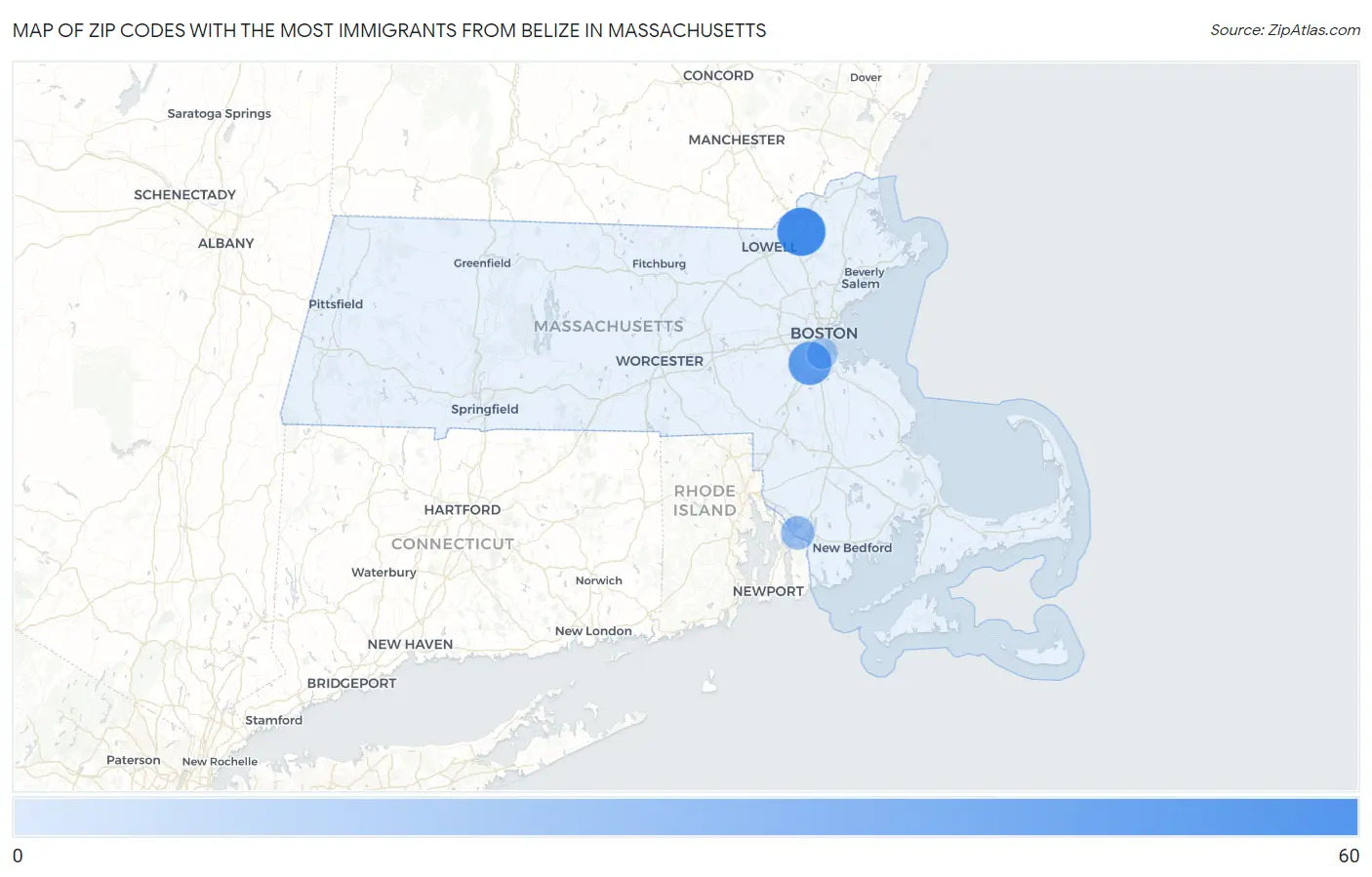 Zip Codes with the Most Immigrants from Belize in Massachusetts Map