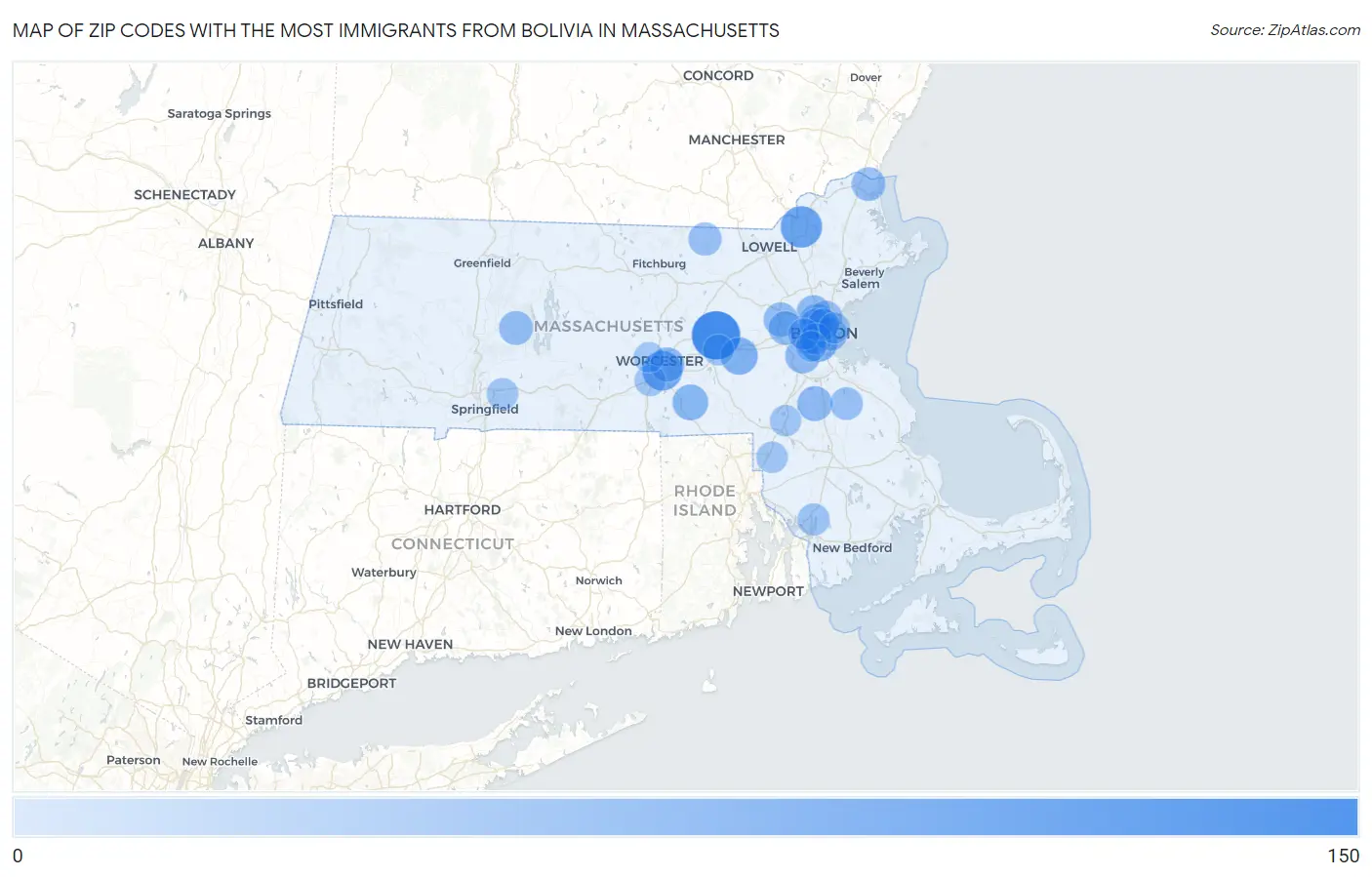 Zip Codes with the Most Immigrants from Bolivia in Massachusetts Map