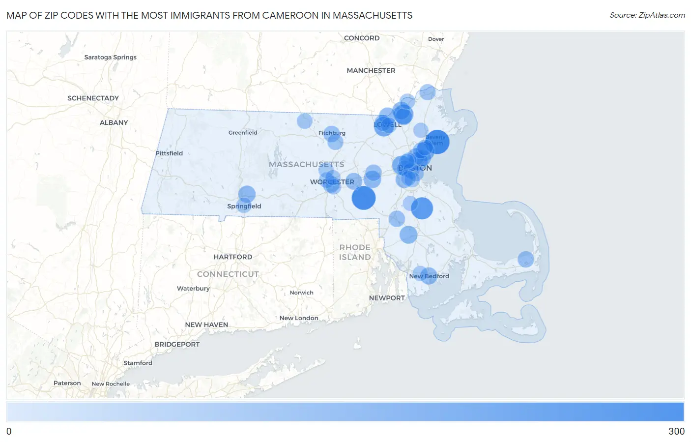 Zip Codes with the Most Immigrants from Cameroon in Massachusetts Map
