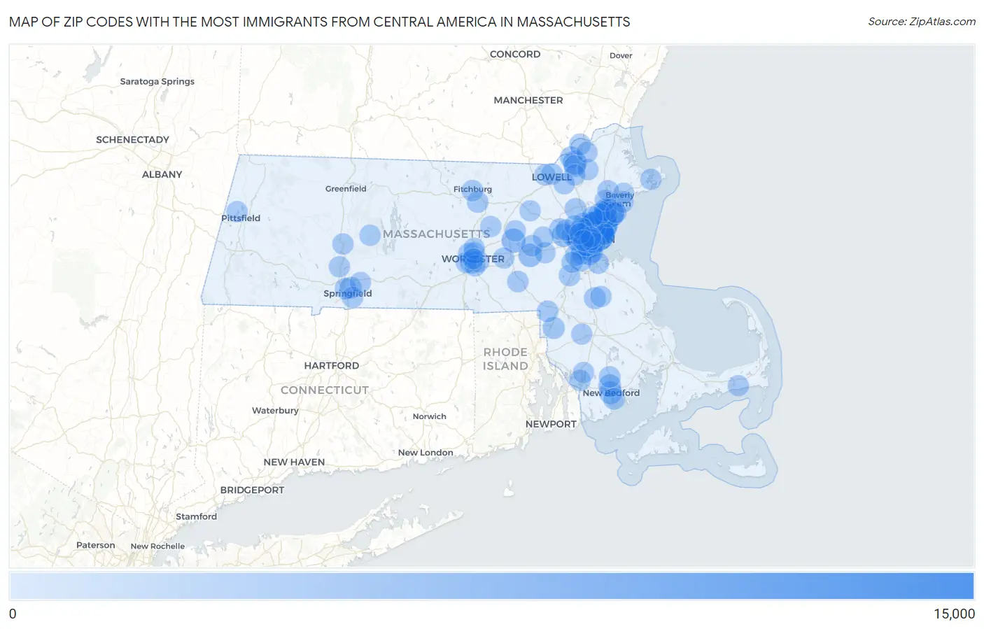 Zip Codes with the Most Immigrants from Central America in Massachusetts Map