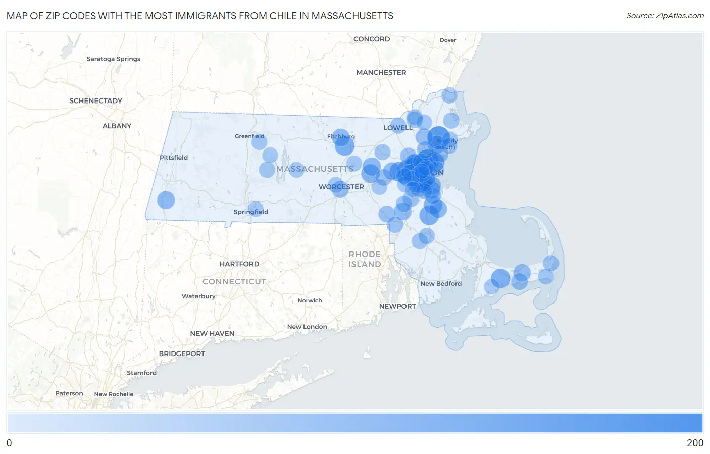 Zip Codes with the Most Immigrants from Chile in Massachusetts Map
