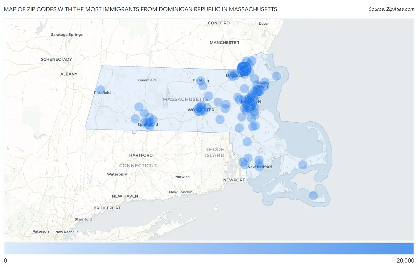 Zip Codes with the Most Immigrants from Dominican Republic in Massachusetts Map