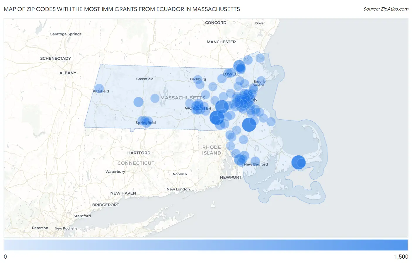 Zip Codes with the Most Immigrants from Ecuador in Massachusetts Map