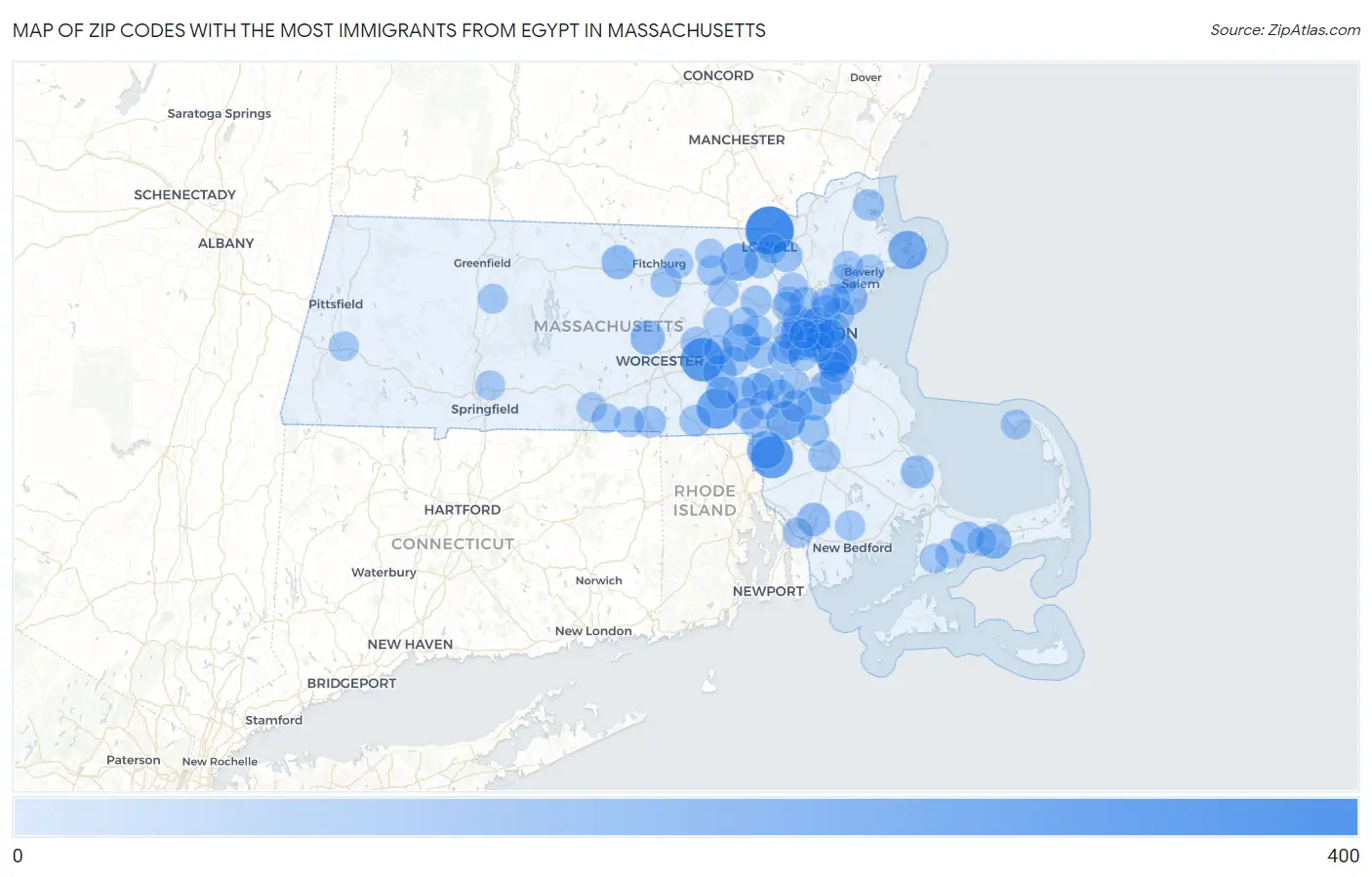 Zip Codes with the Most Immigrants from Egypt in Massachusetts Map