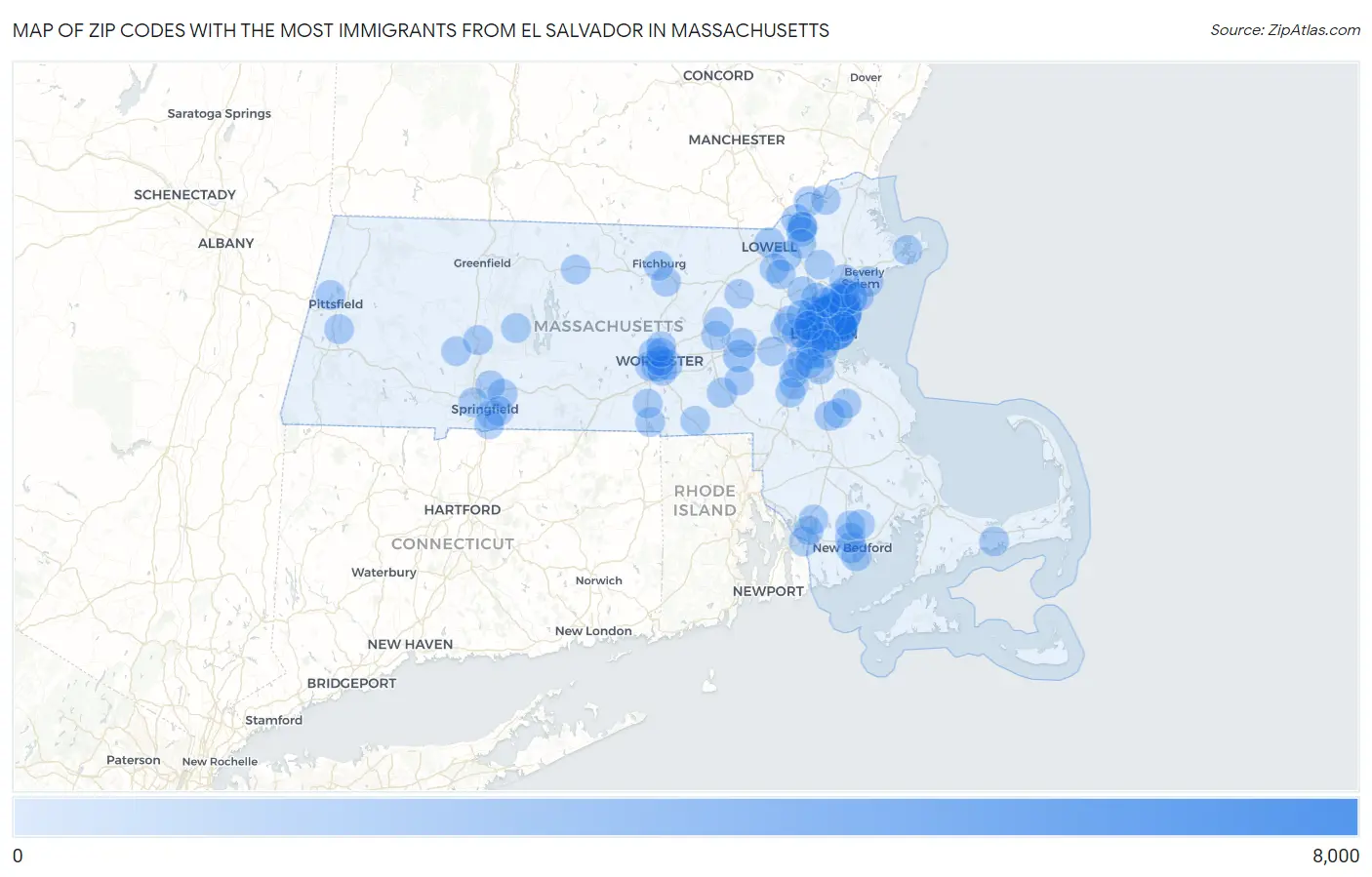 Zip Codes with the Most Immigrants from El Salvador in Massachusetts Map