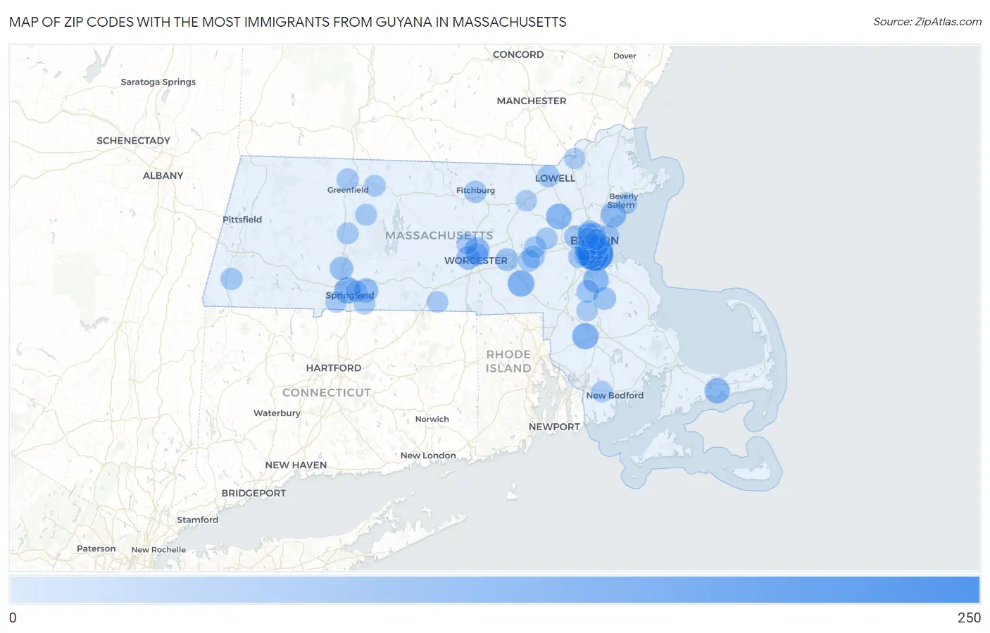 Zip Codes with the Most Immigrants from Guyana in Massachusetts Map