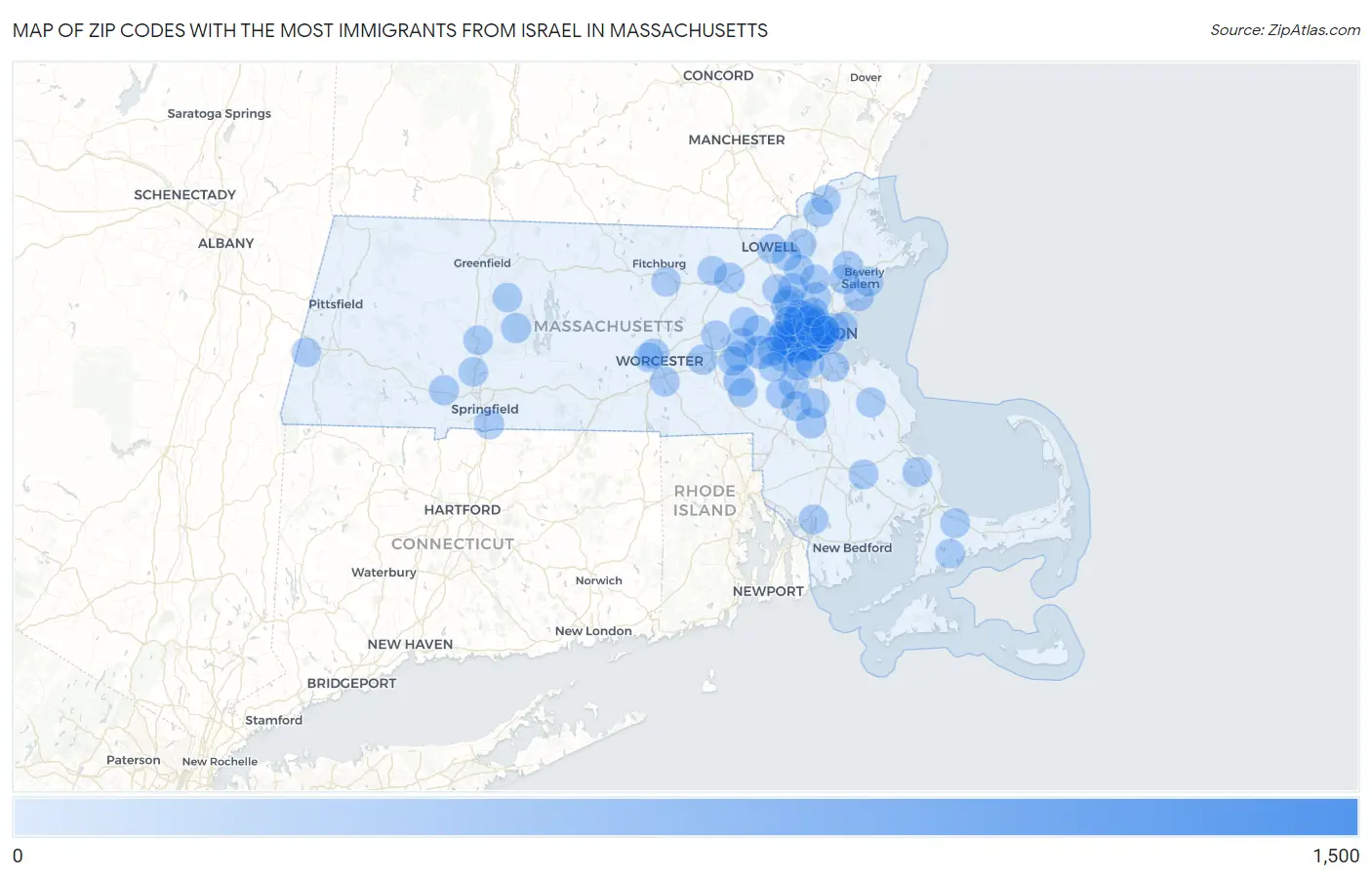 Zip Codes with the Most Immigrants from Israel in Massachusetts Map