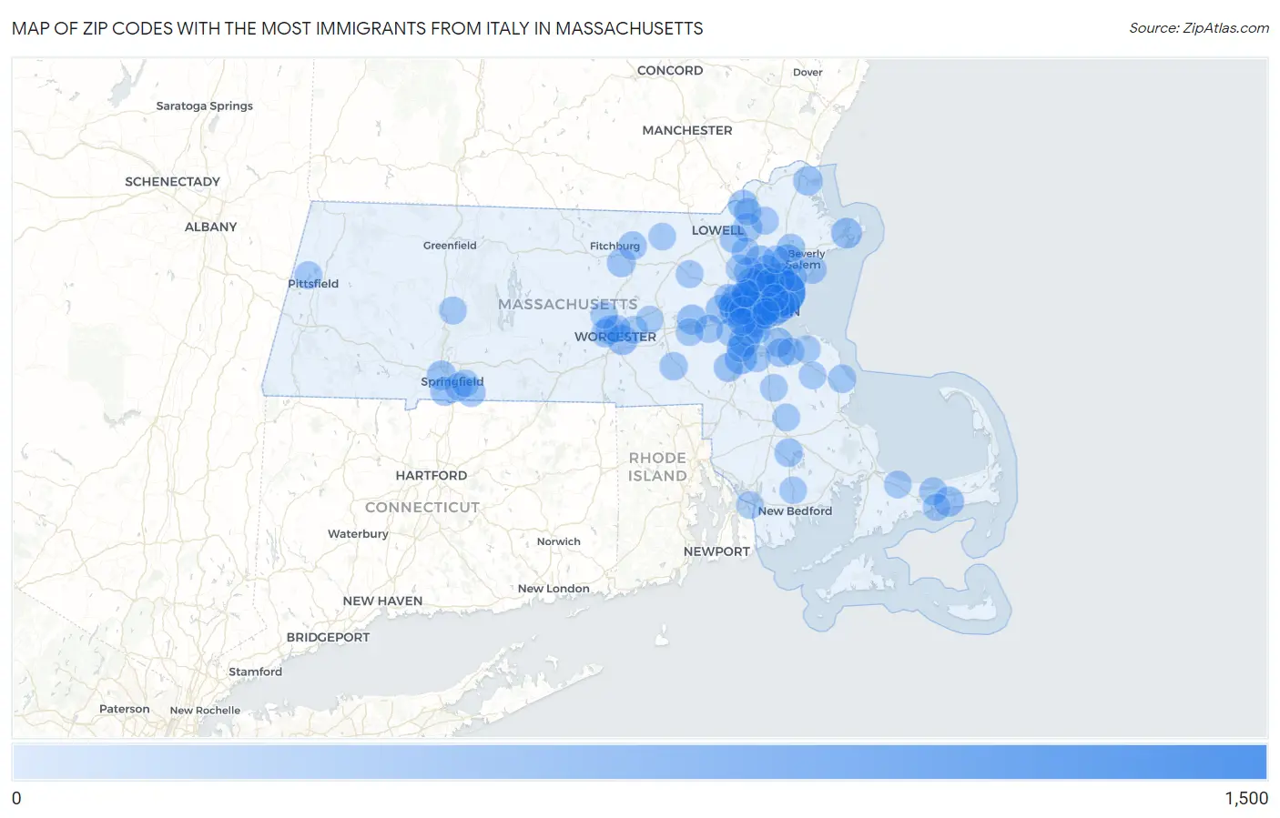 Zip Codes with the Most Immigrants from Italy in Massachusetts Map
