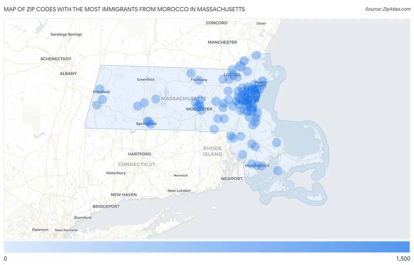 Zip Codes with the Most Immigrants from Morocco in Massachusetts Map