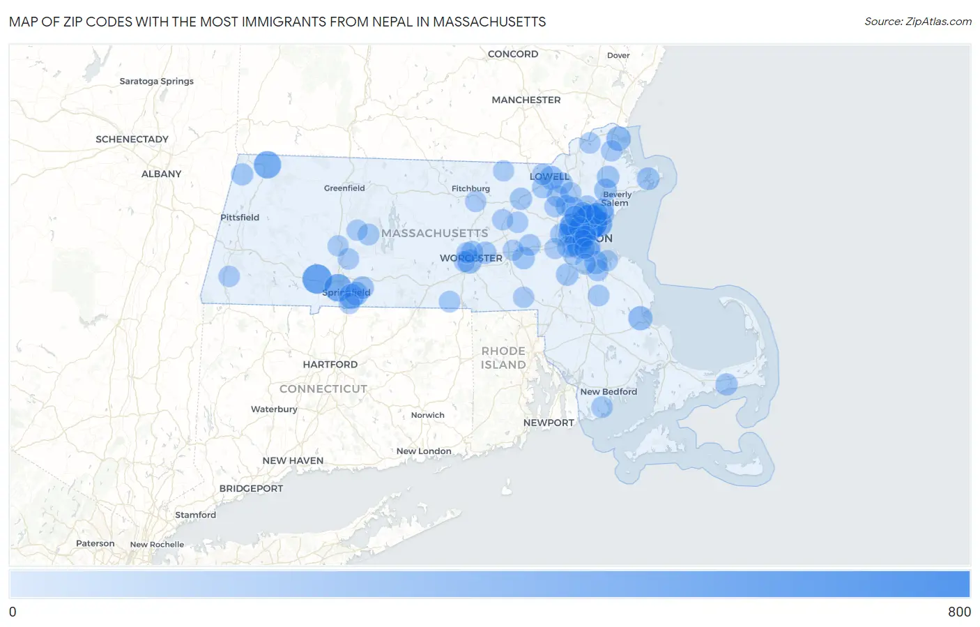 Zip Codes with the Most Immigrants from Nepal in Massachusetts Map