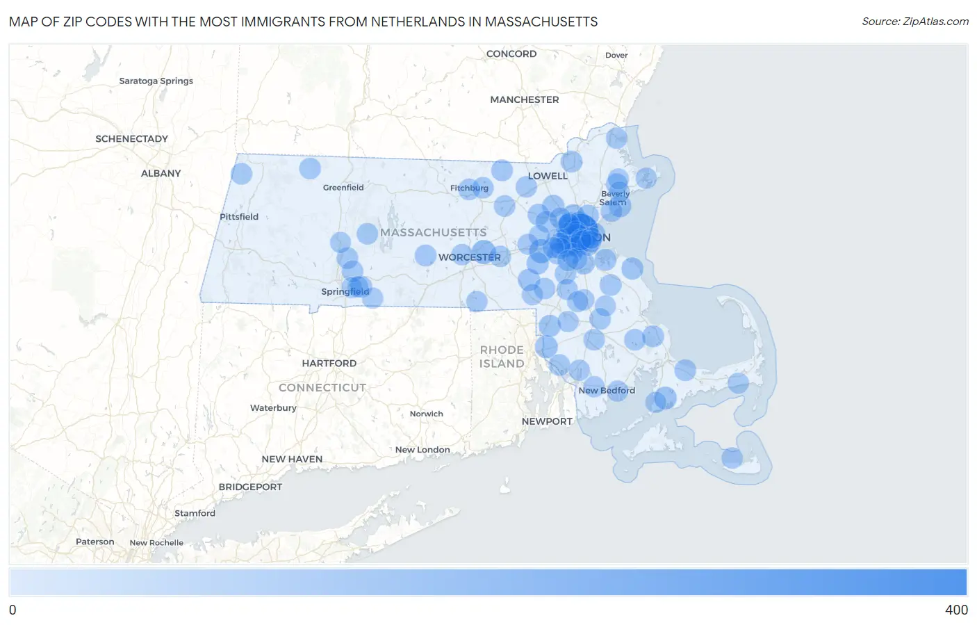 Zip Codes with the Most Immigrants from Netherlands in Massachusetts Map