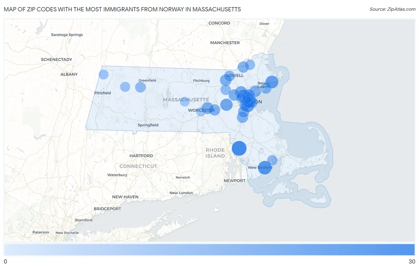 Zip Codes with the Most Immigrants from Norway in Massachusetts Map