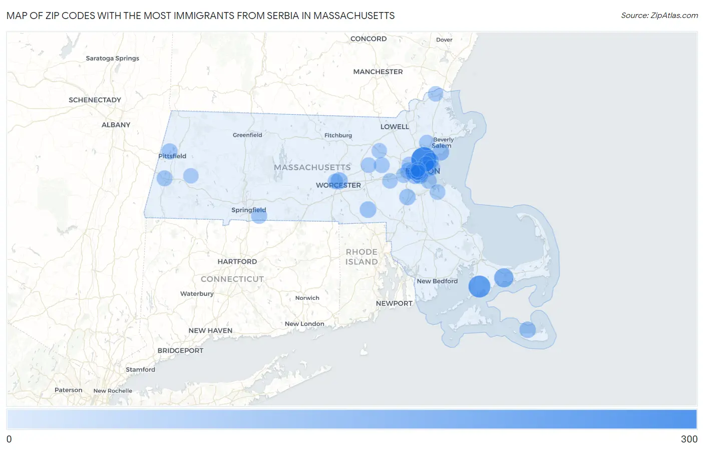 Zip Codes with the Most Immigrants from Serbia in Massachusetts Map
