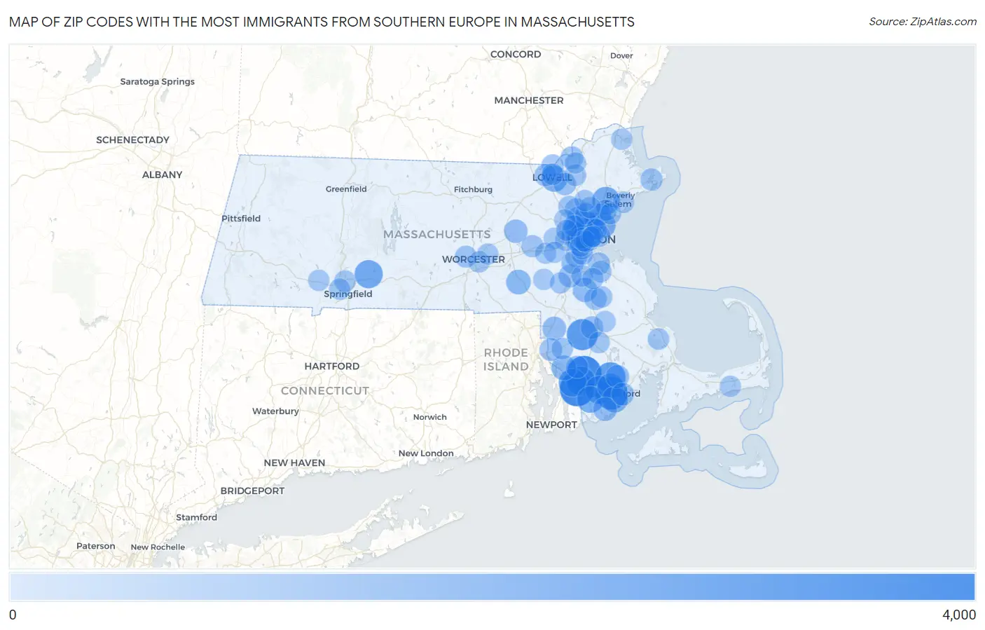 Zip Codes with the Most Immigrants from Southern Europe in Massachusetts Map