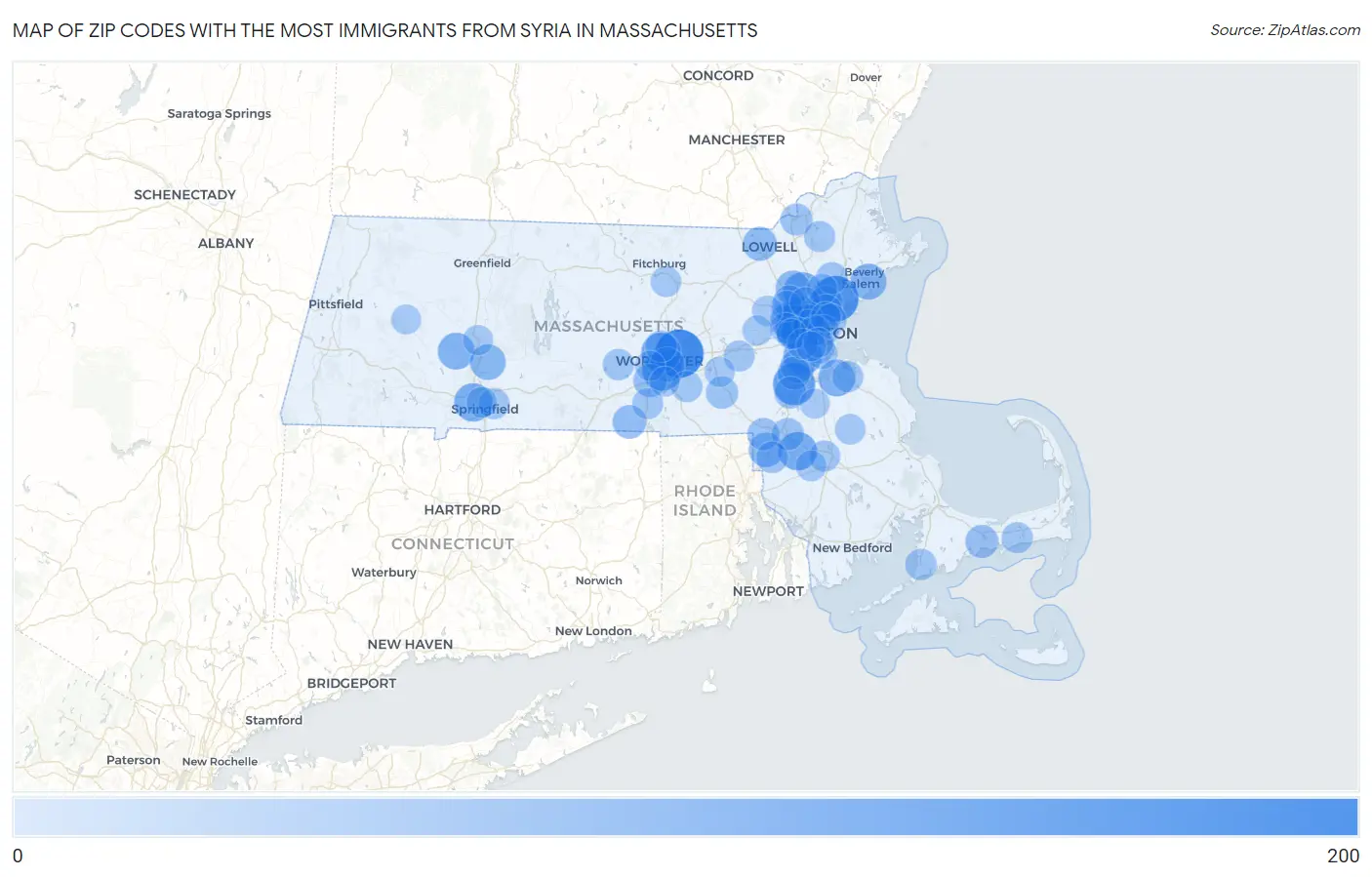 Zip Codes with the Most Immigrants from Syria in Massachusetts Map