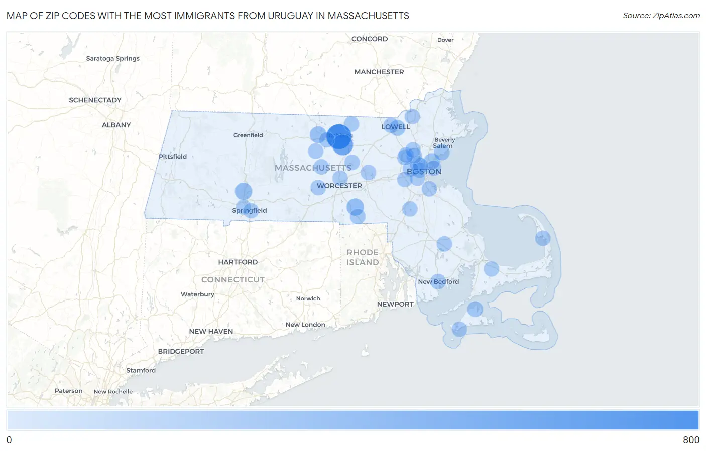 Zip Codes with the Most Immigrants from Uruguay in Massachusetts Map