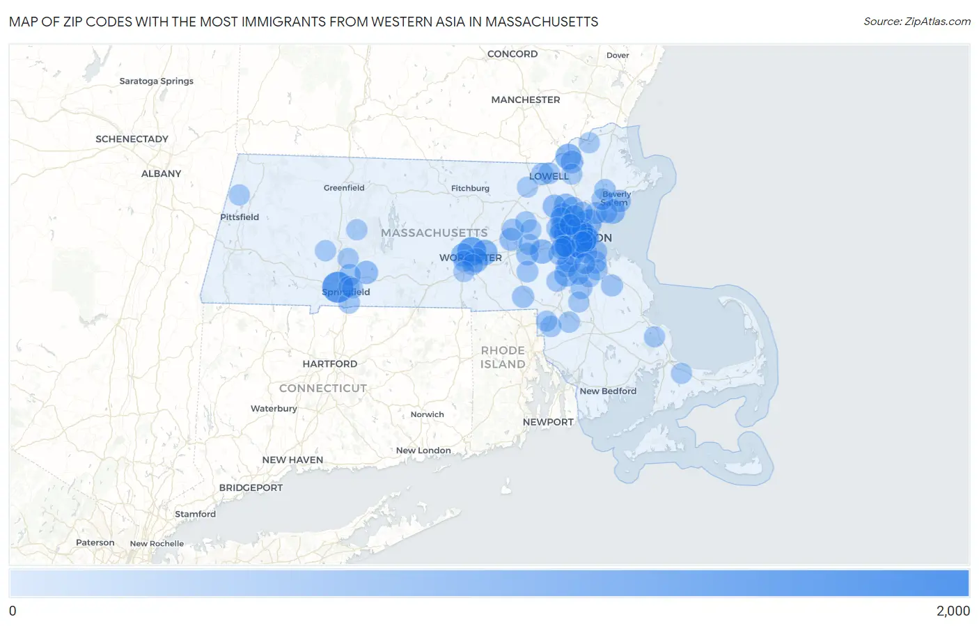Zip Codes with the Most Immigrants from Western Asia in Massachusetts Map
