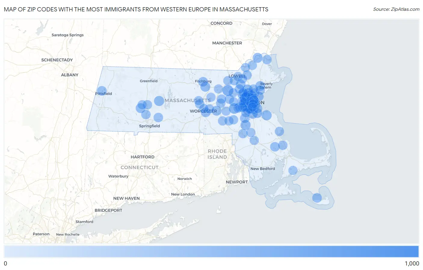 Zip Codes with the Most Immigrants from Western Europe in Massachusetts Map