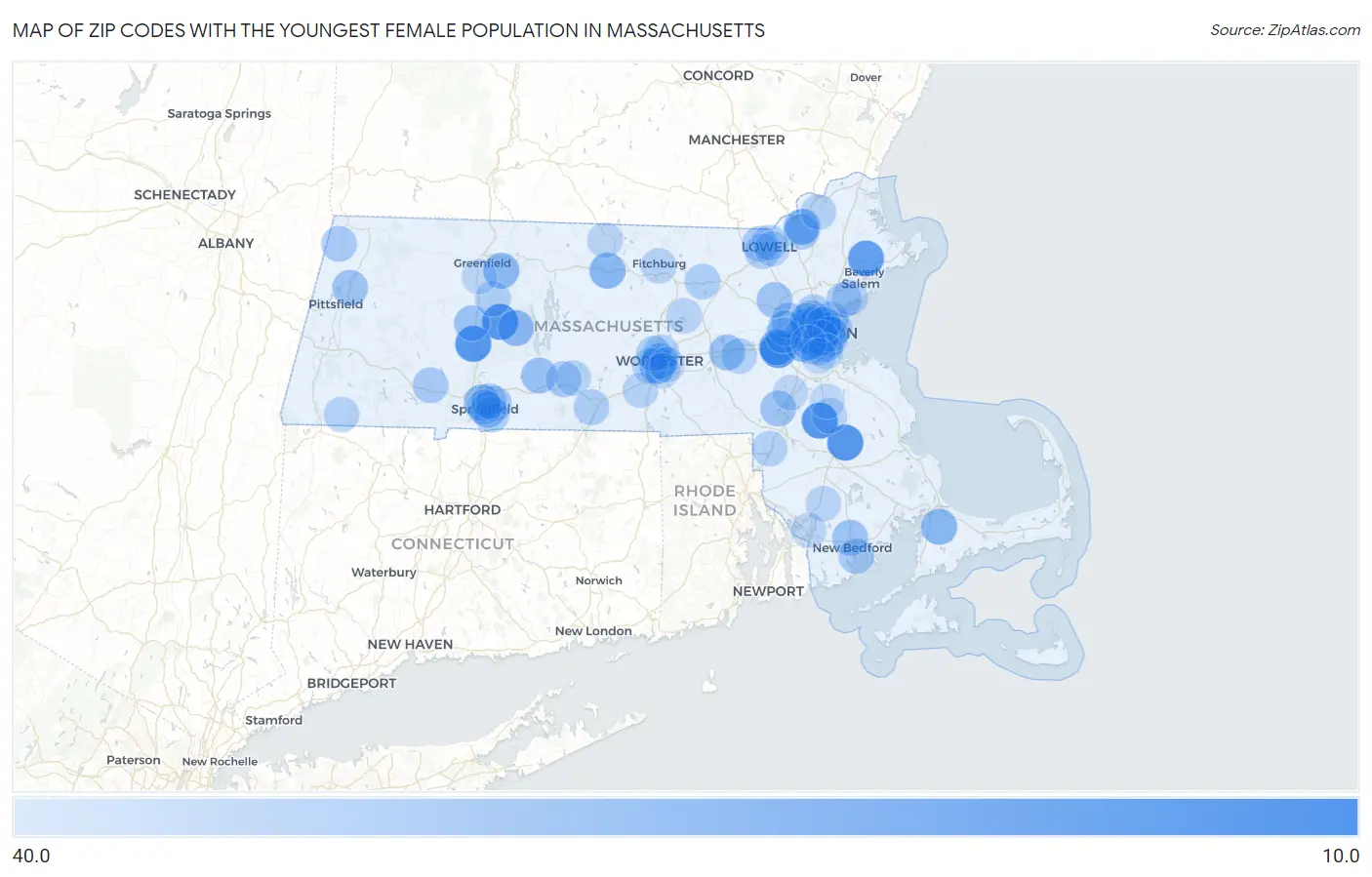 Zip Codes with the Youngest Female Population in Massachusetts Map