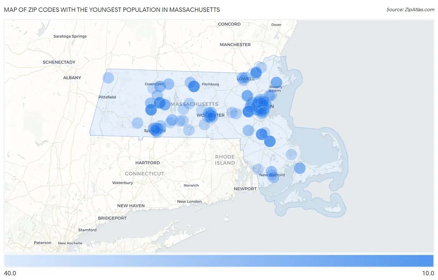 Zip Codes with the Youngest Population in Massachusetts Map