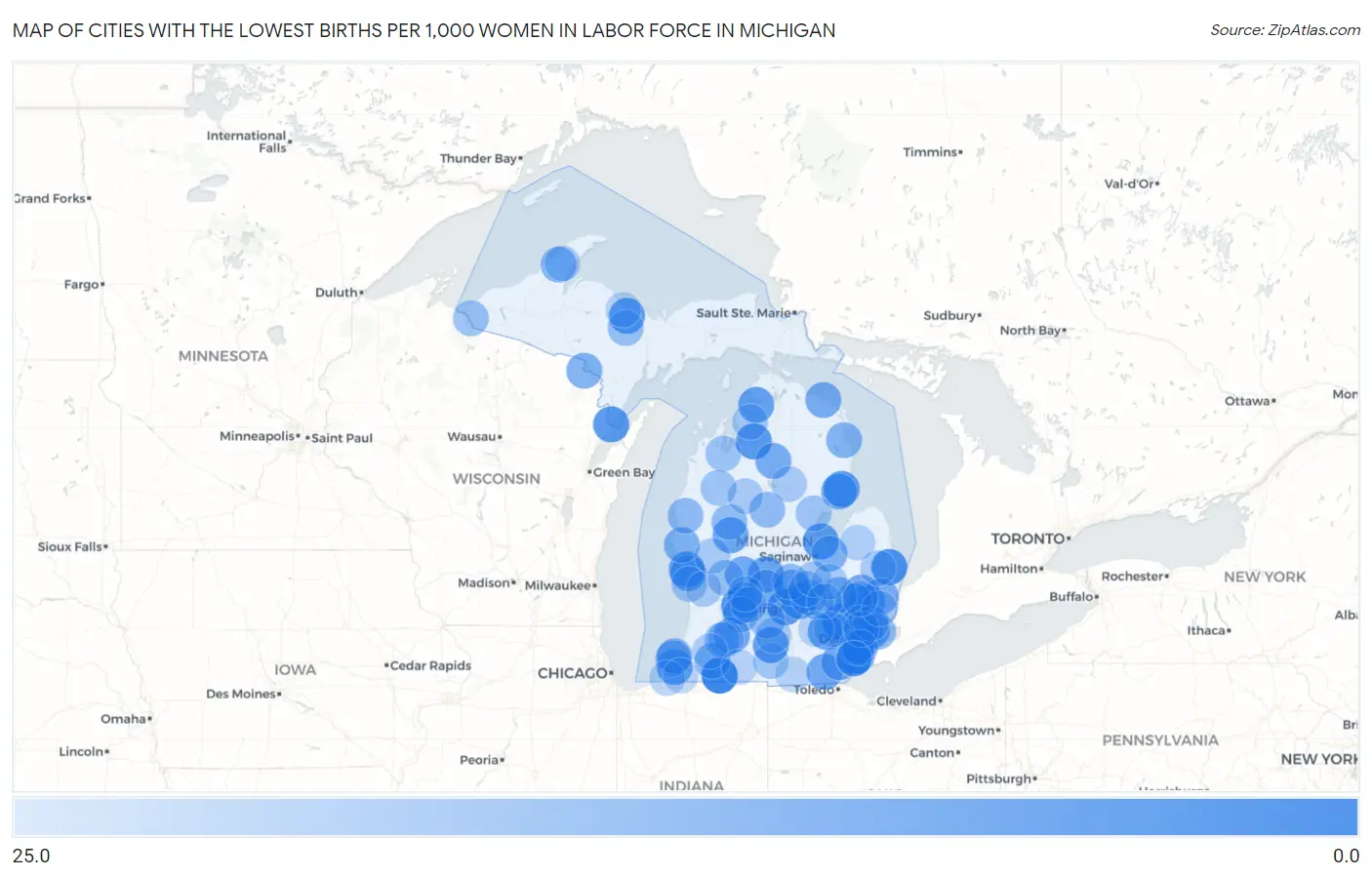 Cities with the Lowest Births per 1,000 Women in Labor Force in Michigan Map