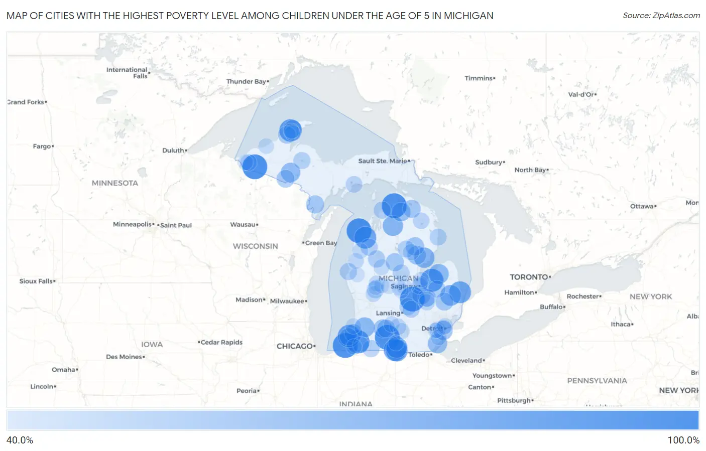 Cities with the Highest Poverty Level Among Children Under the Age of 5 in Michigan Map