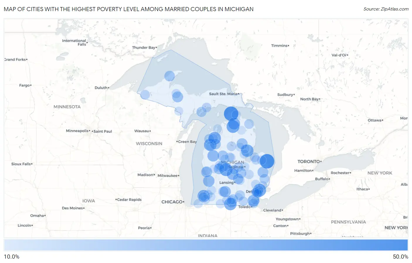 Cities with the Highest Poverty Level Among Married Couples in Michigan Map