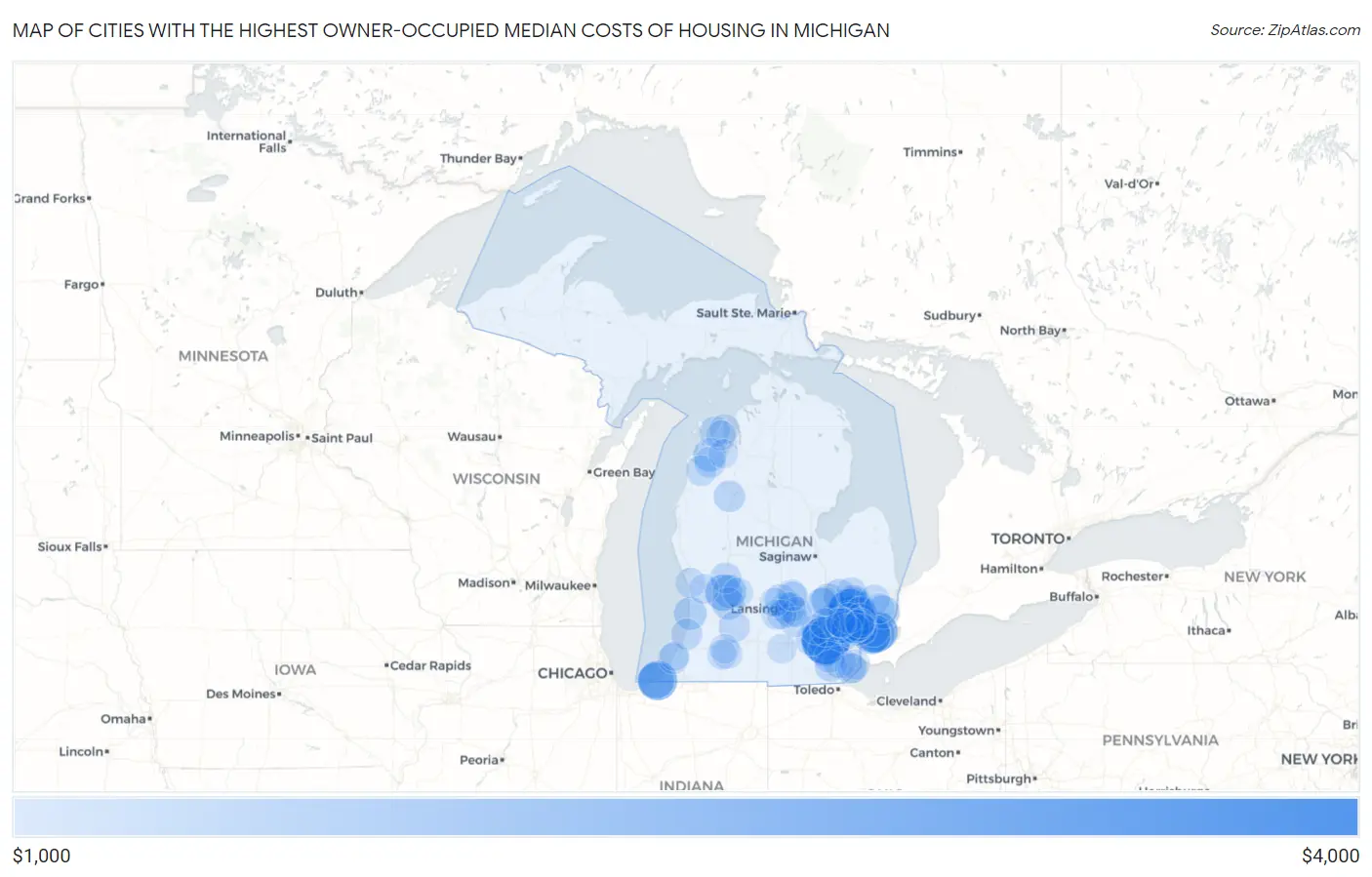 Cities with the Highest Owner-Occupied Median Costs of Housing in Michigan Map